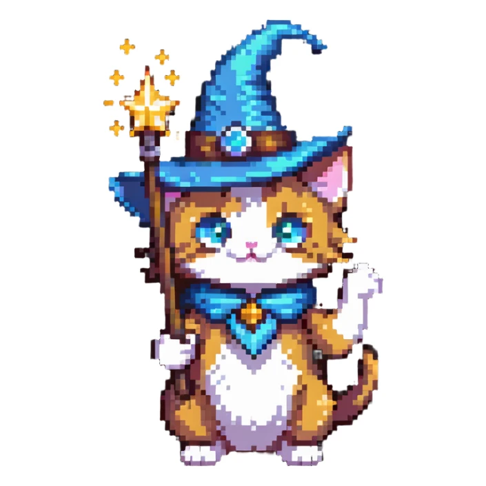 wizard cat with a pointy hat and magic wand sticker