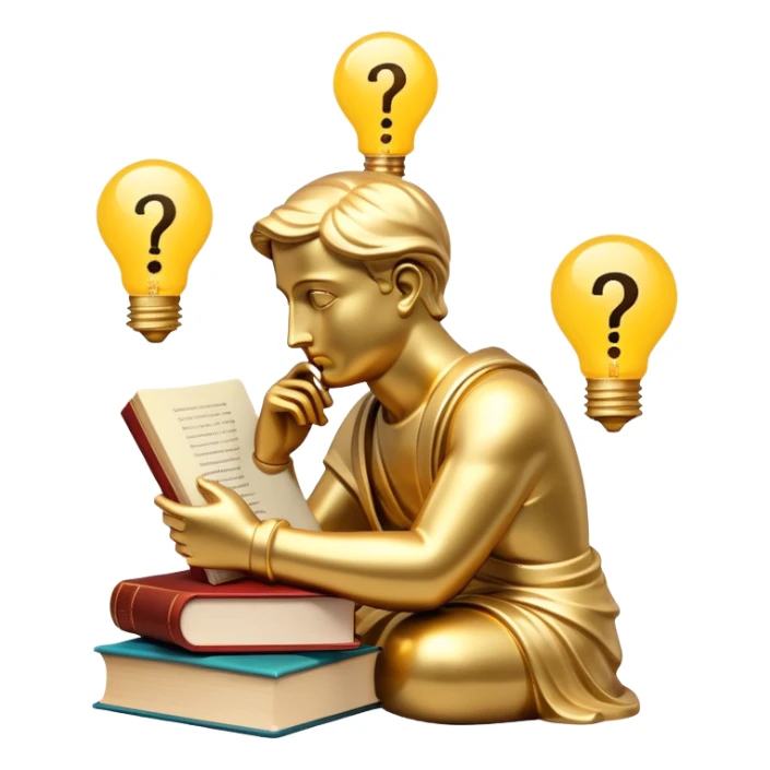 An icon featuring a thinker statue, a scroll, and a question mark, symbolizing philosophy. The design includes books, a lightbulb, and abstract symbols representing deep thought and wisdom. Transparent background highlights the study of ideas, logic, and existential questions sticker