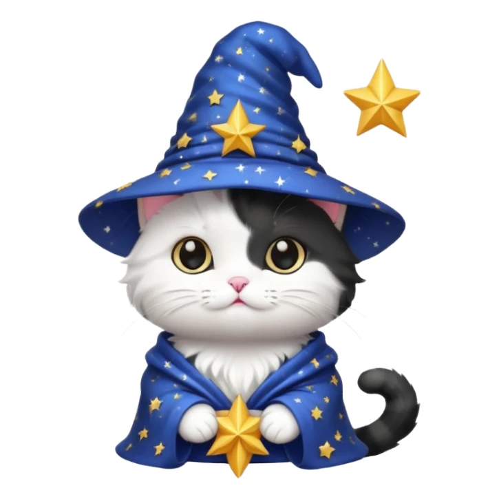 black and white kitty with a starry wizard hat sticker