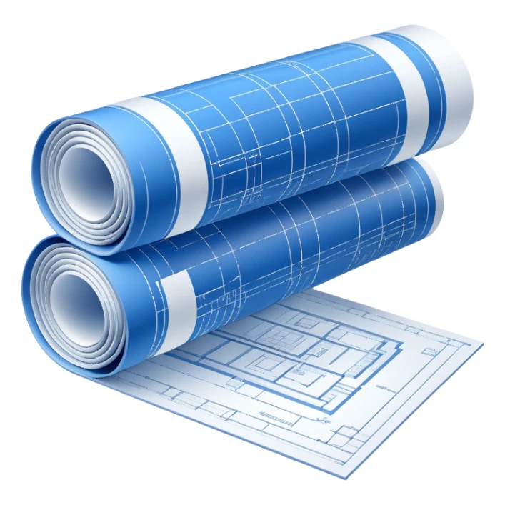 blue blueprint plan with white architectural lines, half rolled up, perspective view sticker