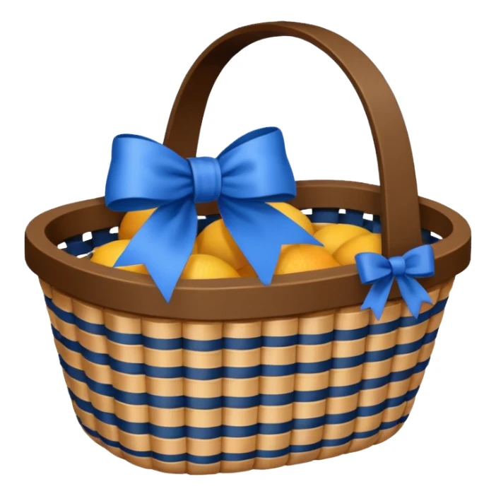 A basket with a blue ribbon on the handle sticker