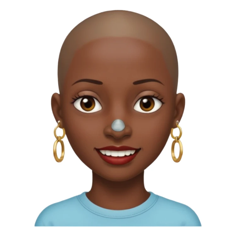 Make a emoji of a person with dark skin and has a nose ring that goes between her two nostrils and has a bunch of small earrings and who has a gap between her two front teeth and with no hair sticker