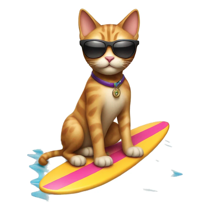 a cat on a surfboard with sunglasses sticker
