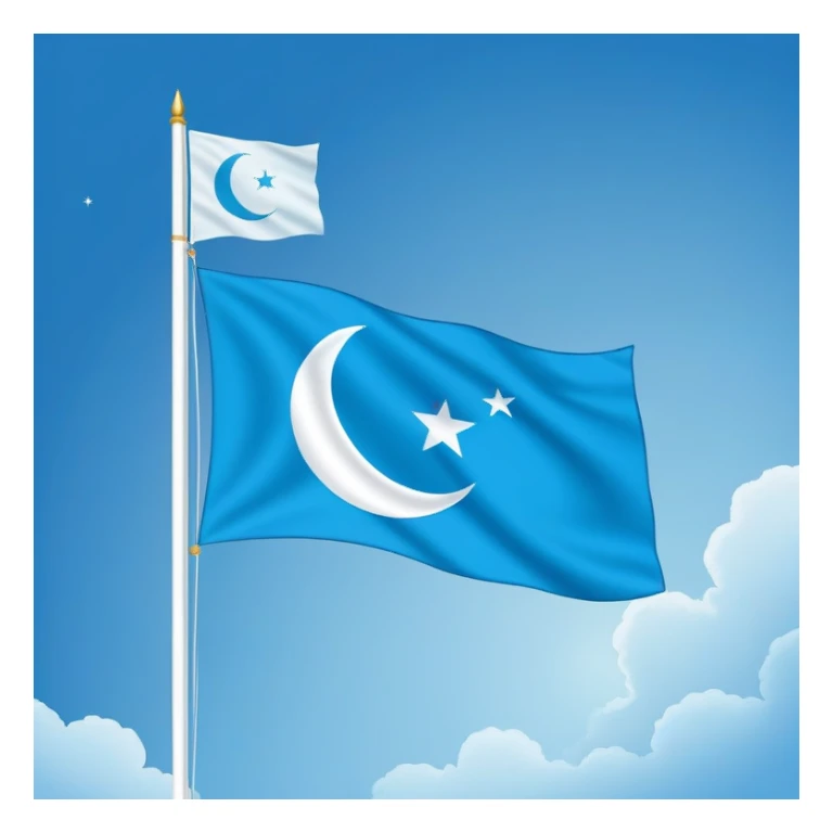 Iraqi Turkmen flag - a sky blue rectangular flag with a white crescent moon and star in the center. There is one straight white horizontal line across the top of the moon and another straight white horizontal line below the moon. sticker
