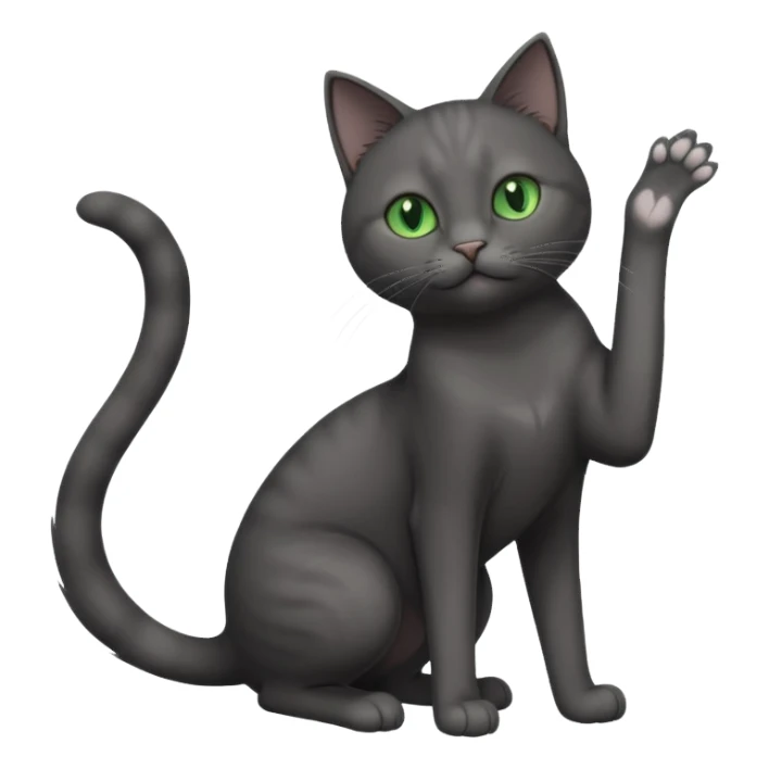full body gorgeous solid dark grey cat with green eyes, white paws and white whiskers stretching sticker
