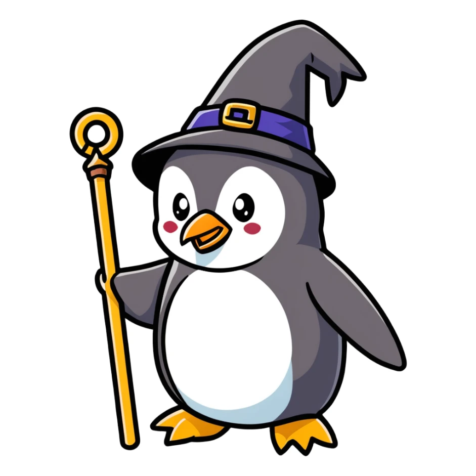 penguin wizard, magical, holding a staff, wearing a wizard hat sticker