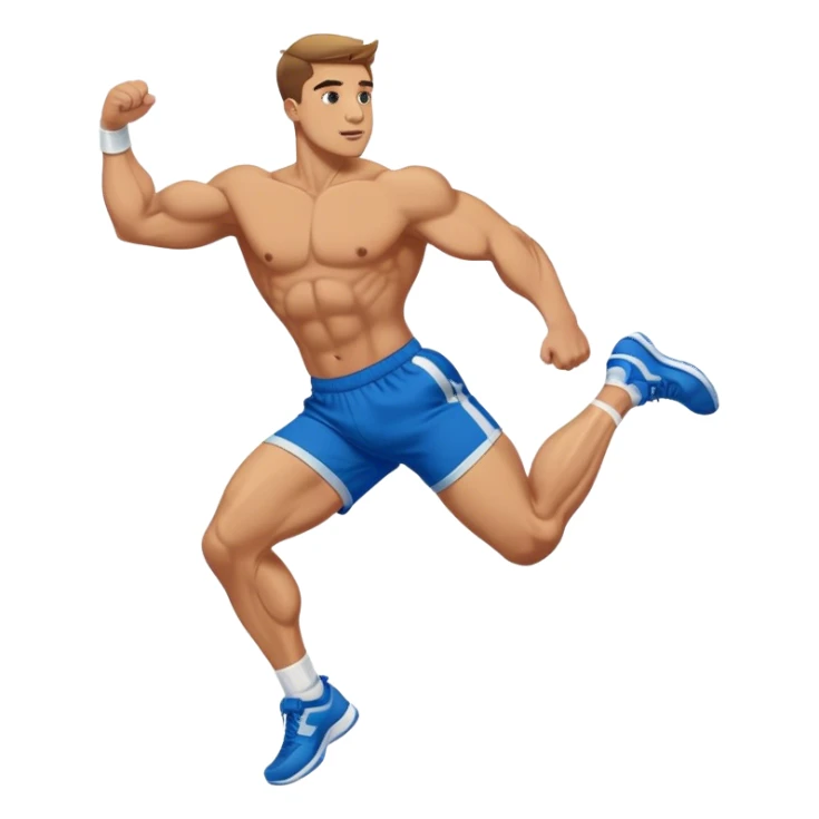 buff guy blue shorts double-leg-jump gym side-view sticker