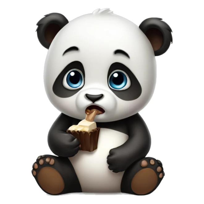 Sad baby panda eating chocolate sticker