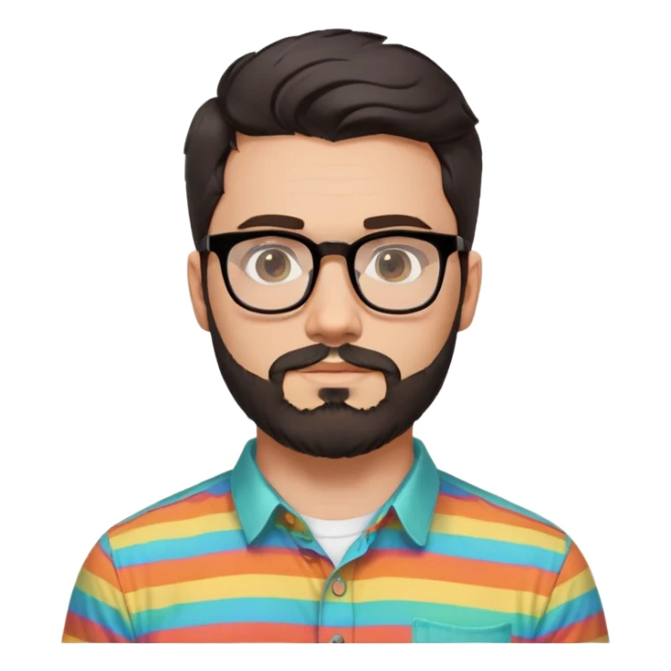 a 30-year-old man with light skin, medium solid build, wide face, soft cheeks, rounded jawline, neutral relaxed expression, short dense full beard, wavy voluminous brown-black hair at the front, large rectangular black thick frame glasses, colorful button-up shirt open showing white t-shirt sticker