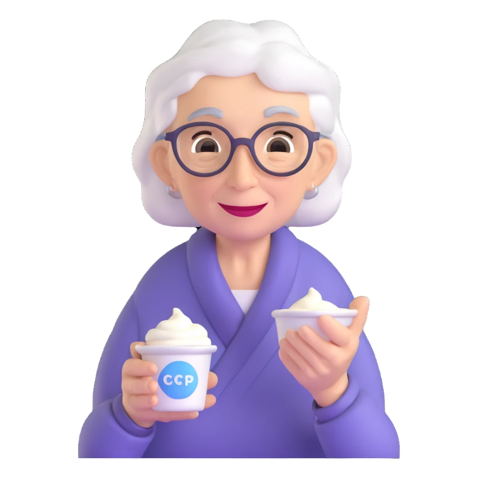 elderly woman offering yogurt sticker