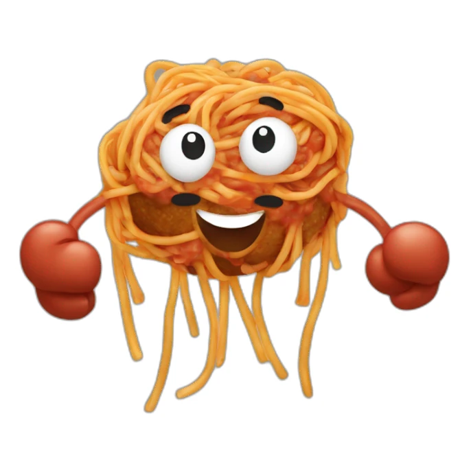 Spaghetti and meatballs with a face, arms and legs, doing something random sticker