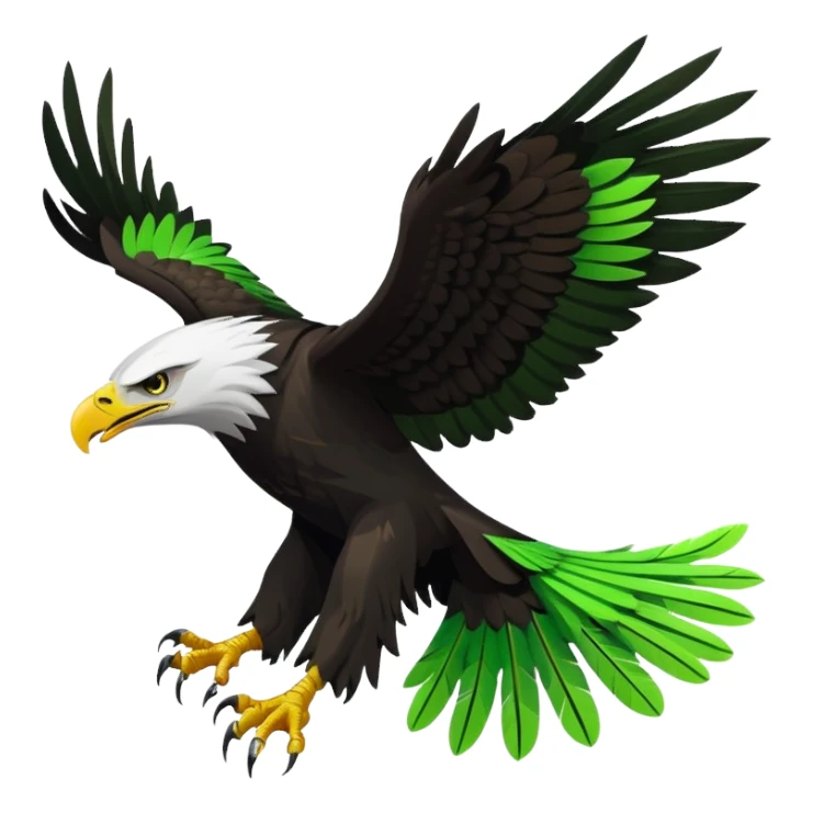 Stylized vector eagle flying sideways, wings spread up. Matte black with neon-green angular feather patterns, fierce face, extended talons. Bold flat sticker style with a thick clean white outline. sticker