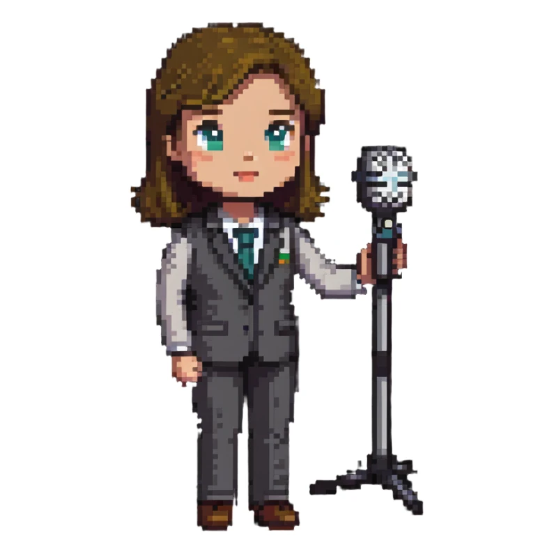 news reporter with microphone sticker