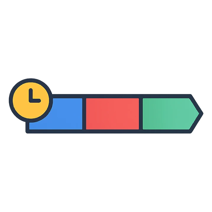 Create a small flat icon design inspired by the reference image. Represent a private equity transaction timeline as a simple, minimal icon with a horizontal bar chart consisting of three colored sections or blocks, each representing a phase. The icon should be clean, flat, and suitable for small size, with no text. sticker