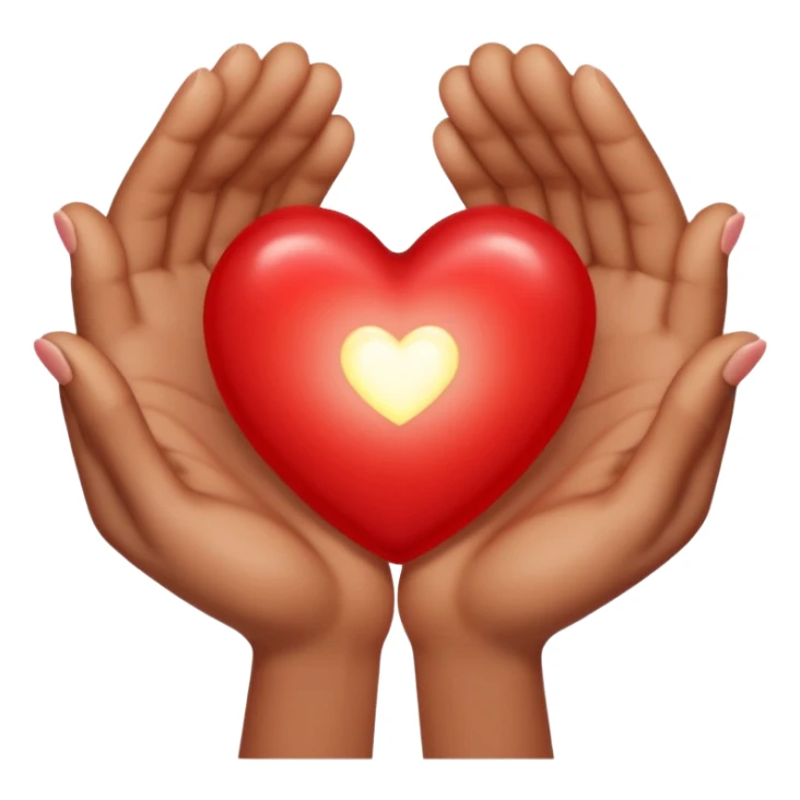 two hands gently holding a small glowing heart sticker