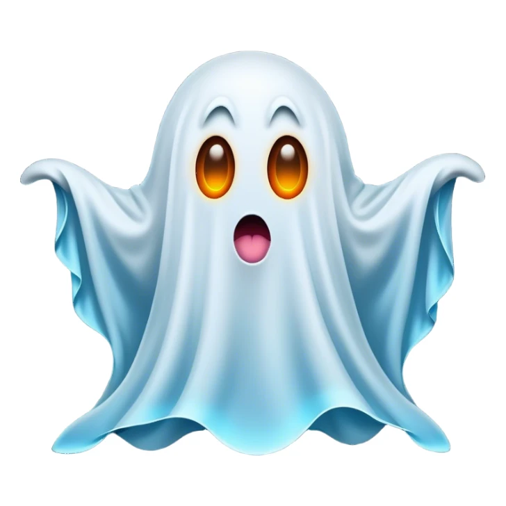 A hilariously exaggerated floating sheet ghost, its simple yet expressive form billowing with animated energy in vibrant whites and pale blues, with two wide, comically shocked eyes and a quirky, startled mouth, simplified yet overflowing with personality, highly detailed with a soft neon-like glowing outline, capturing the playful absurdity of a ghost caught off guard! sticker