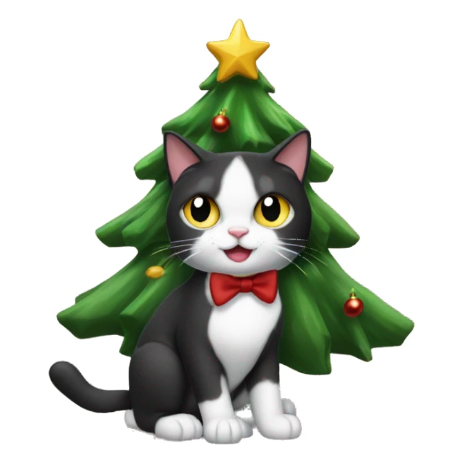 tuxedo cat knocking off Christmas tree sticker
