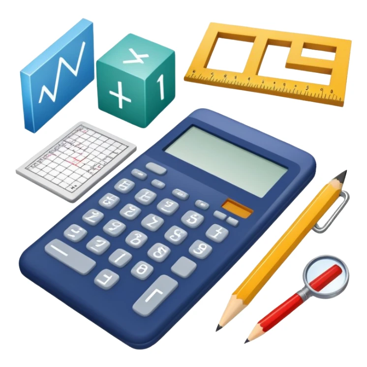 An icon featuring mathematical formulas, a calculator, and geometric shapes, symbolizing mathematics. The design includes a ruler, and a graph, representing the study of numbers, equations, and spatial relationships. Transparent background highlights the precision and logic of math. sticker