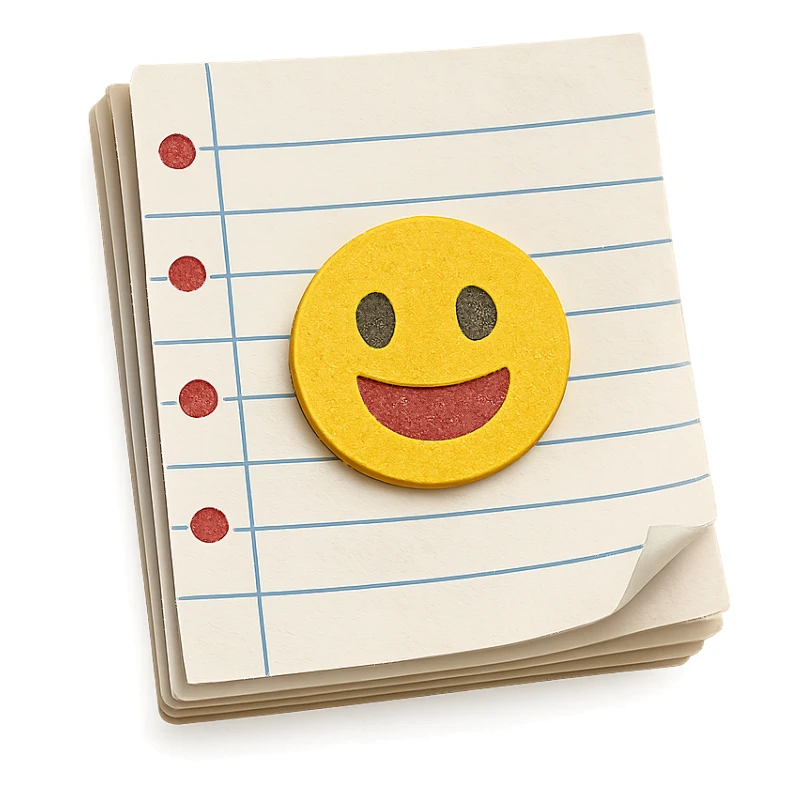 a stack of lined notebook paper, slightly curled edges, minimal style sticker