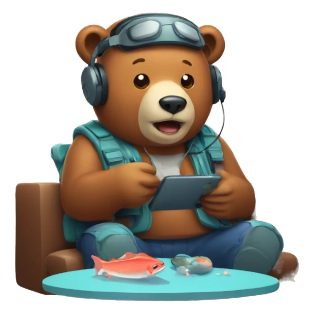 Bear wearing headset playing video game about catching salmon sticker