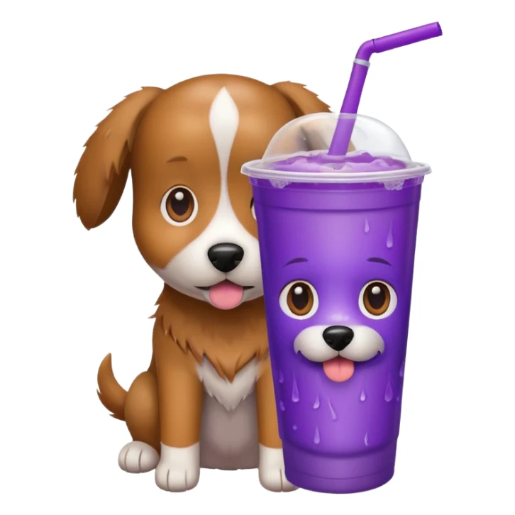 A dog with a purple drink sticker