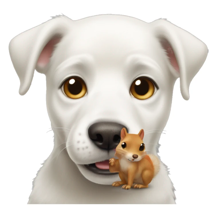 White dog spits with squirrel sticker