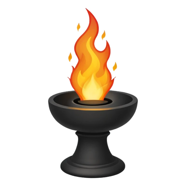 A minimalist stone pedestal with a tall rectangular base and a shallow black bowl on top, designed as a modern torch or brazier. Bright flames rise from the bowl sticker