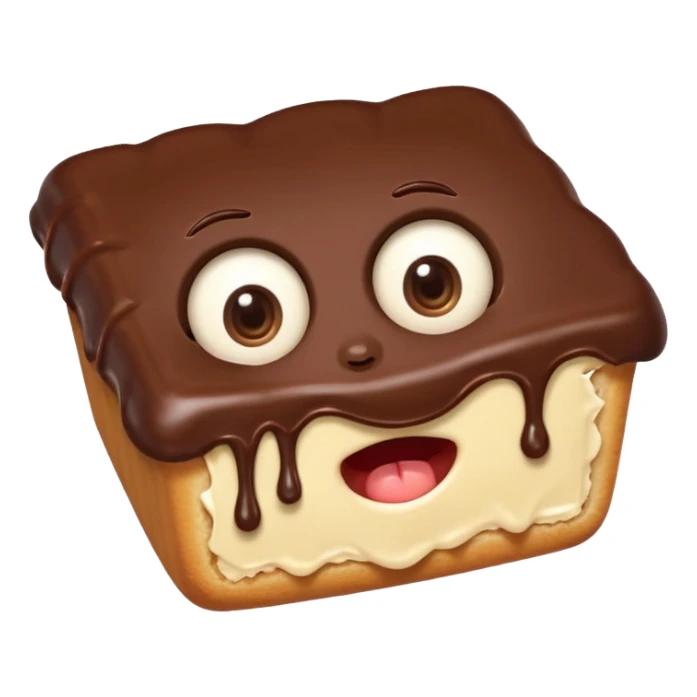 Funny cartoon rectangular chocolate mini pastry, slightly messy and squished, chocolate dripping, big round eyes, wide open mouth, playful surprised expression, text above: "ПАСТИЧКА", chibi style, Twitch emoji style, transparent background, colorful
``


 sticker