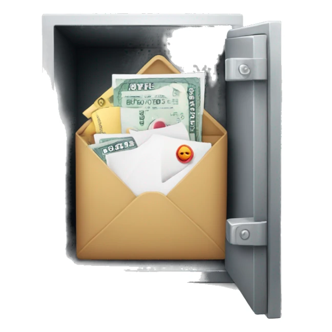 an open safe with envelopes sticker