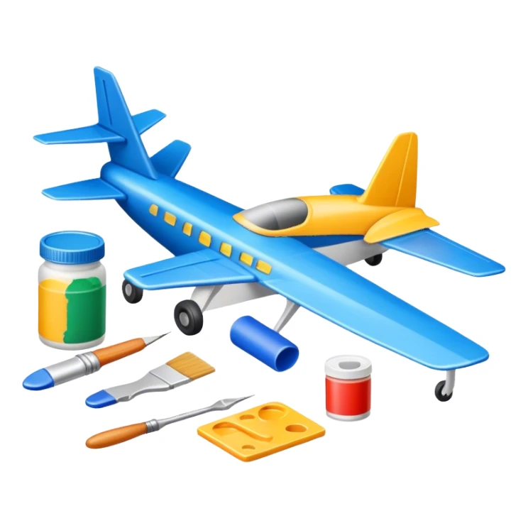 photorealistic icon featuring model-building tools like glue, paint, paintbrushes, pieces of a plastic model airplane in the process of being assembled. The design includes detailed textures of the model pieces and tools, capturing the focus and creativity of model building. Transparent background. sticker