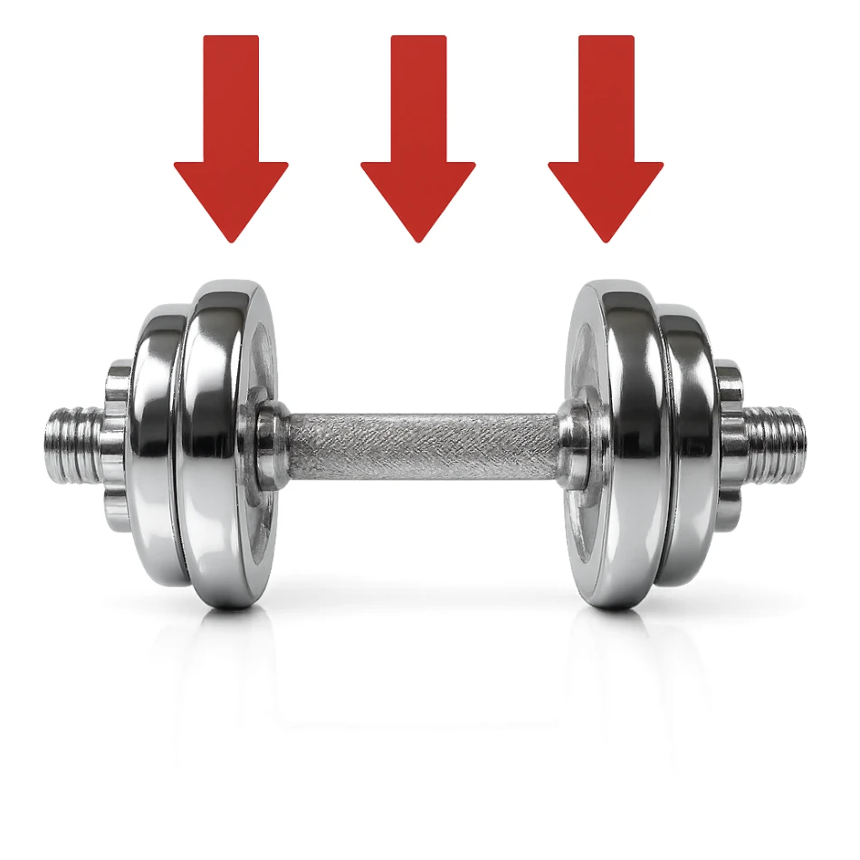 realistic chrome dumbbell with red arrows pointing down, reflective effect, isolated on white background sticker