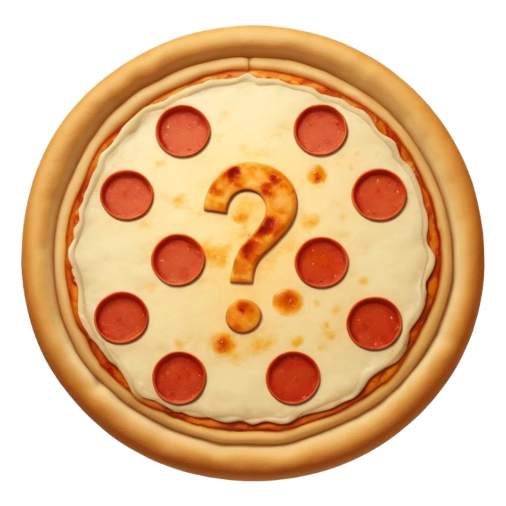 mystery pizza, with a question mark on it sticker