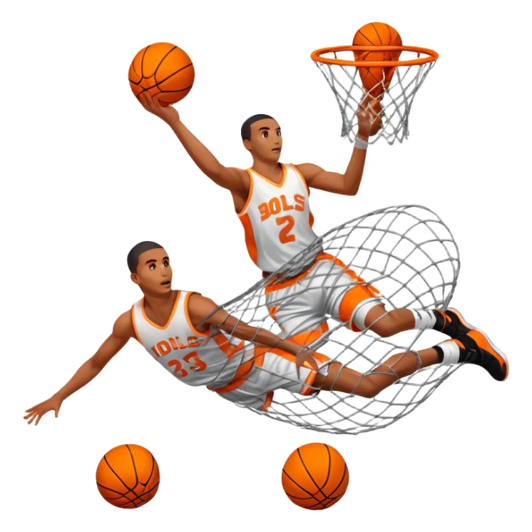 Multiple exposure effect showing basketball at different positions going through net, motion sequence, iOS emoji style sticker