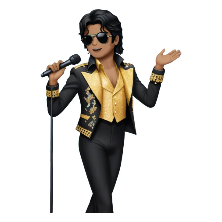Create a dynamic and stylish emoji representing pop vocal performance with a vintage stage microphone as the central element, surrounded by iconic elements of Michael Jackson’s stage presence. Include a silhouette of his famous glittering jacket or sequined gloves, paired with the microphone to evoke his unique style. Add dramatic musical notes swirling around the microphone and jacket to symbolize the energy and showmanship of pop vocals. Use bold colors like gold, black, silver, and white to reflect the glamour and electrifying performance of a pop legend. The background should be transparent. sticker