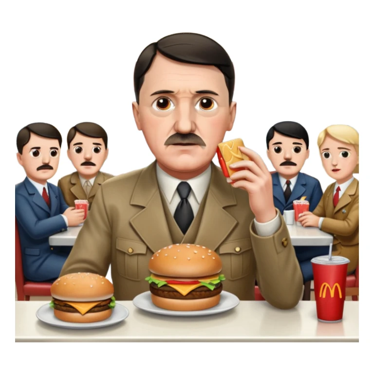 adolf hitler holding a big mac while sitting in a diner while being surrounded by his enemies  sticker