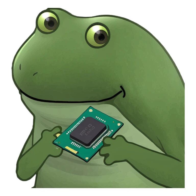 CPU computer chip in bufo frog meme style, green and playful sticker