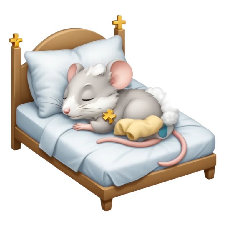 Mouse sleeping in bed wearing a cross sticker