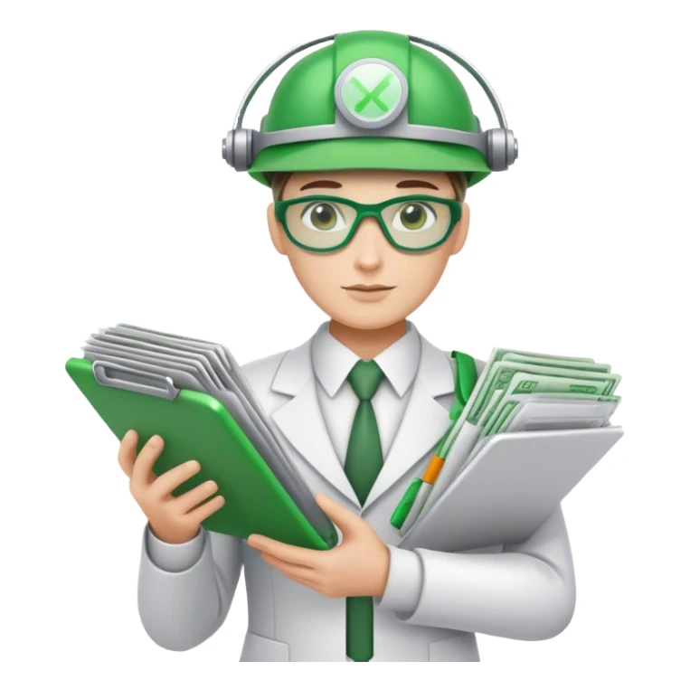 cyborg bookkeeper with green accountant visor holding spreadsheets sticker
