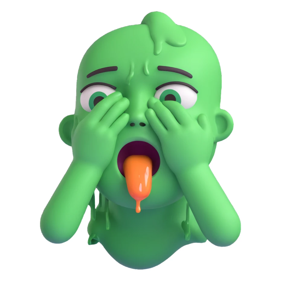 emoji with a sick green face, both vomiting and crying, dramatic expression sticker