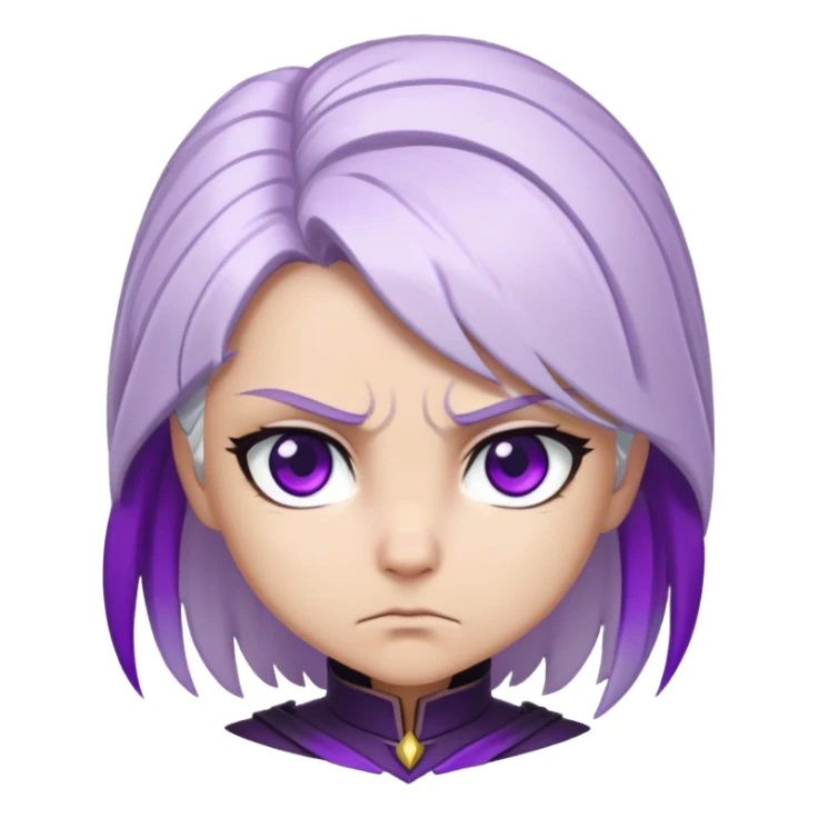 Chibi Sable Ward with intense focus expression, slightly furrowed brows, concentrated stare, white hair with purple streaks, fully purple eyes, determined look sticker