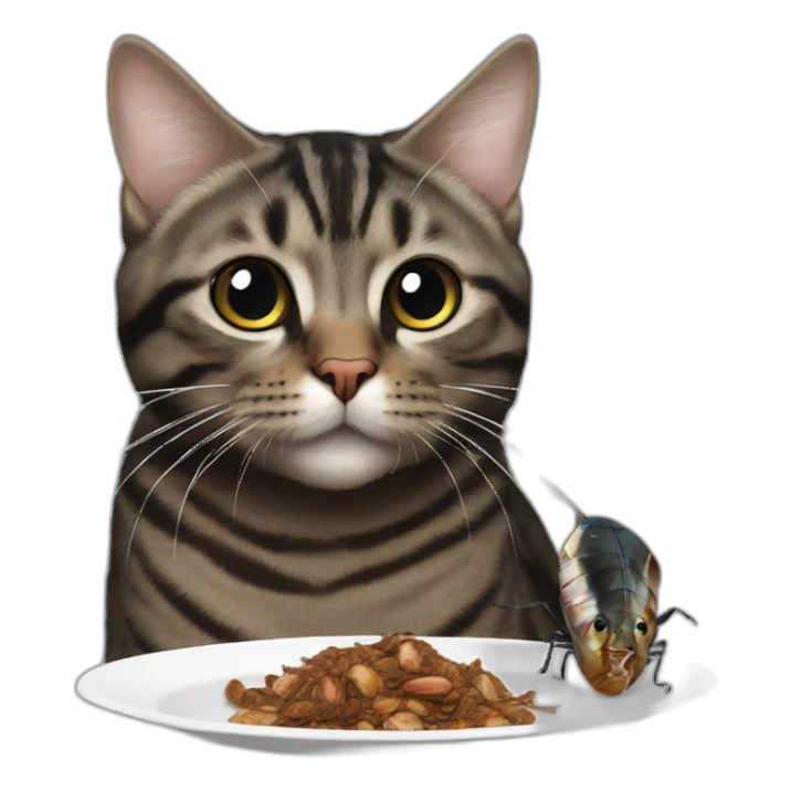 Black mackerel tabby cat eating a cockroach sticker