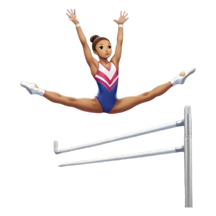 Professional gymnast performing a complex routine on parallel bars, demonstrating strength, control, and perfect balance. The gymnast is mid-air, executing a powerful move with focused concentration. The background shows a brightly lit gymnasium with a cheering audience. sticker