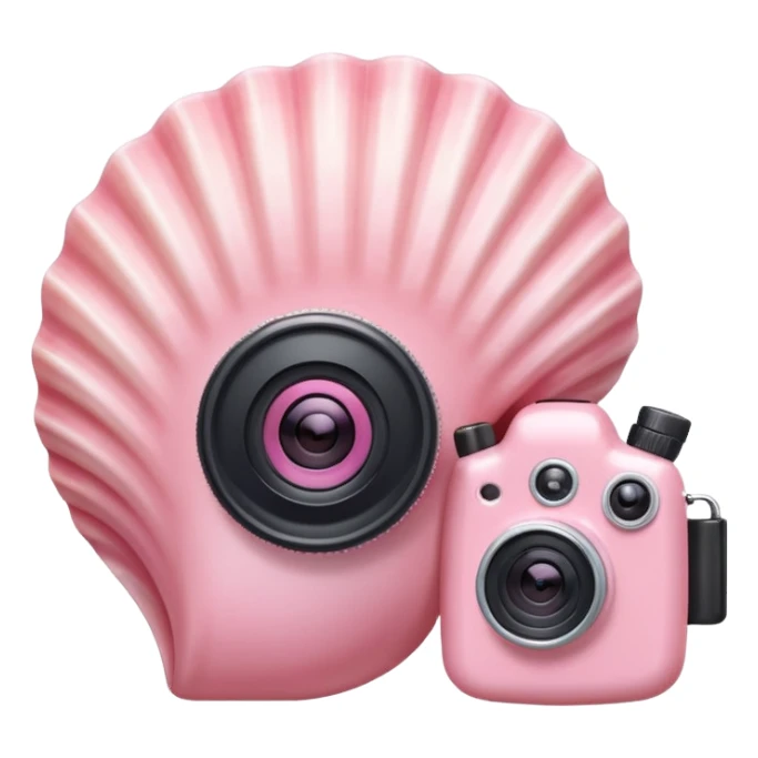 A cute seashell emoji with a tiny camera next to it, symbolizing capturing beach memories. Playful, modern emoji style, soft pastel colors, white background. sticker