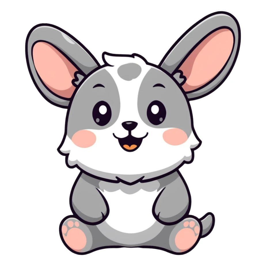 cartoon gibberling character, fluffy, oversized ears, smiling, simple background sticker