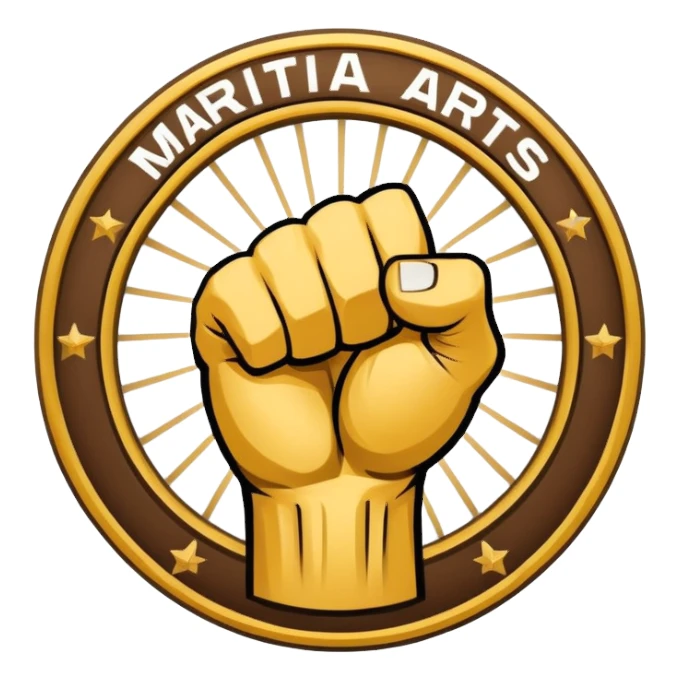 Round emblem symbolizing combat sports, featuring a clenched fist facing forward at the center. The fist is bold and strong, representing power and skill in martial arts. Surrounding the fist are dynamic lines, giving the emblem a sense of motion and energy, emphasizing the intensity of combat.  sticker