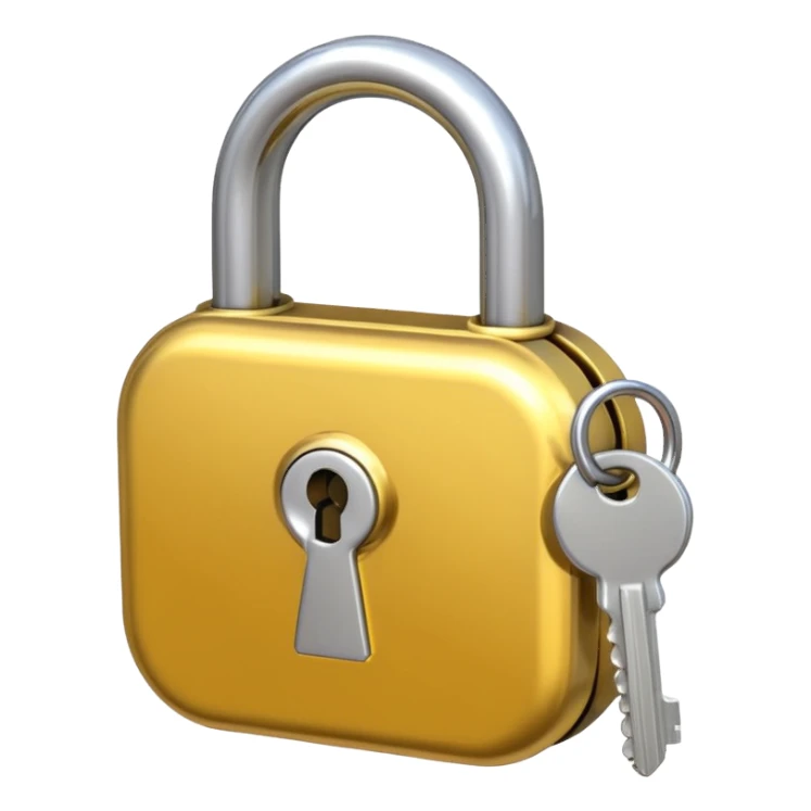 A shiny golden closed padlock with a silver key inserted into the keyhole, centered on a plain background. The lock is smooth and rounded, emoji-like style with clean lines sticker