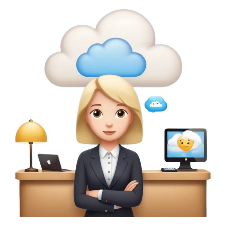 A thinking person with a thought cloud showing a modern hotel reception — front desk, receptionist, suitcases, cozy lighting. Cute emoji style, soft and clean.
 sticker