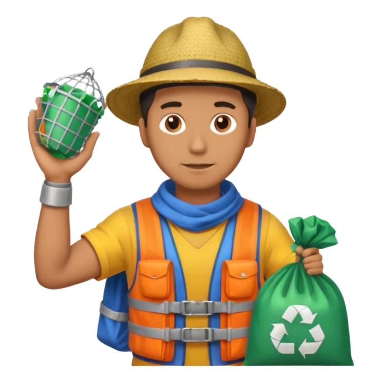 Explorer Man with big trash net and colorful cloth sticker