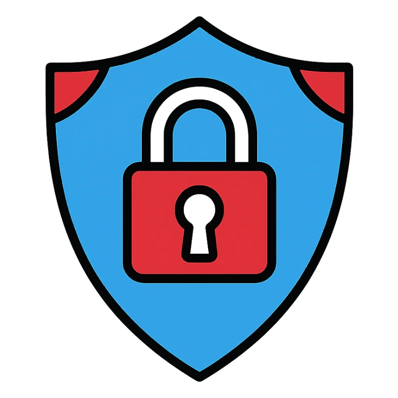 IT security emblem icon featuring a shield with a suspended padlock, vibrant energetic blue #02aff4 as the primary color, deep bold red #ee1b24 accents for alertness and robustness, clean white background, highly legible, detailed, icon style sticker