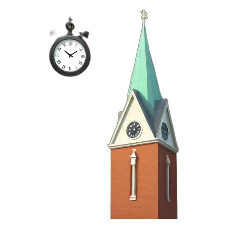 Red brick church steeple with clock sticker